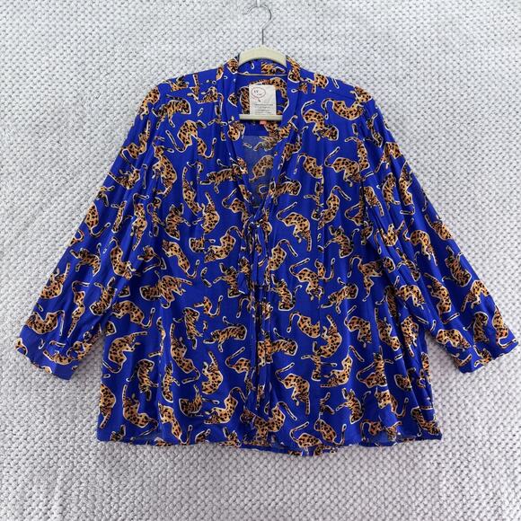 17 of 52 Conversations by Anthropologie Top Womens 16 Blue Orange Cheetah Button - Picture 1 of 13